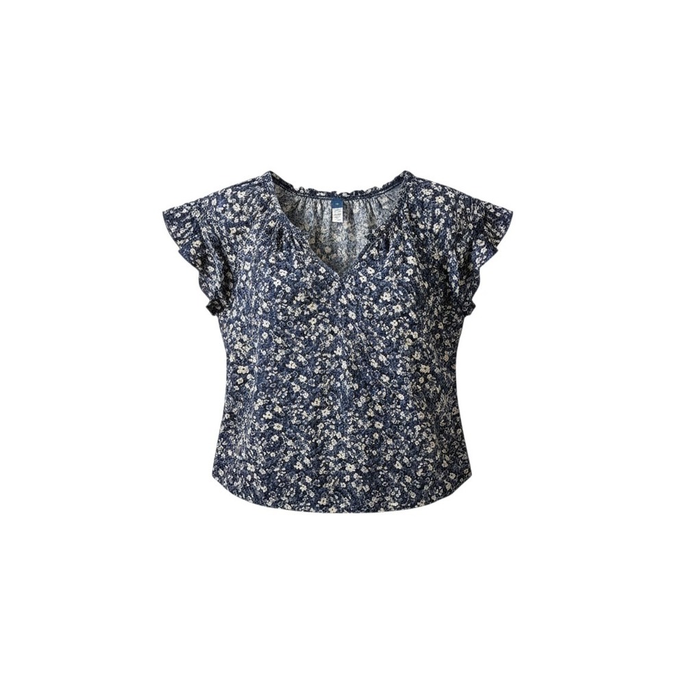 Old Navy Blouse Women XL Navy Blue Excellent Floral V-Neck Flutter Sleeve Top